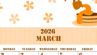 2026年3月縦型日曜始まり パンケーキイラストのかわいいA4無料オレンジのカレンダー(2026-01030310)
