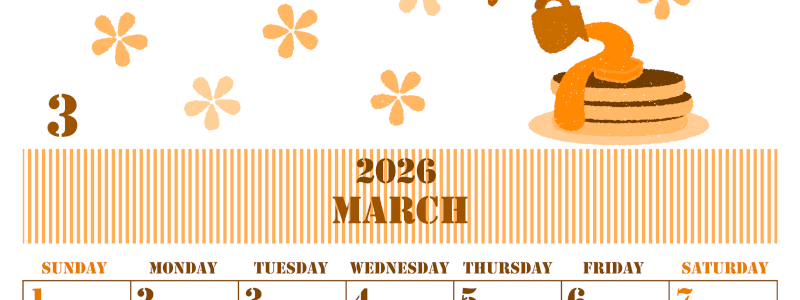 2026年3月縦型日曜始まり パンケーキイラストのかわいいA4無料オレンジのカレンダー(2026-01030310)