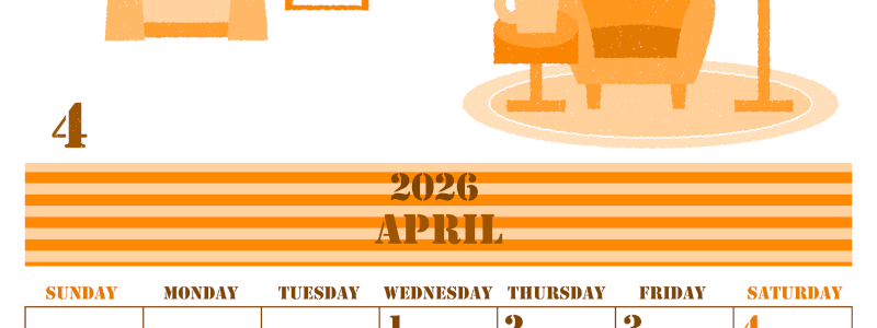 2026年4月縦型日曜始まり 新生活イラストのかわいいA4無料オレンジのカレンダー(2026-01030410)