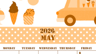2026年5月縦型日曜始まり アイスクリームのイラストがかわいいA4無料オレンジのカレンダー(2026-01030510)
