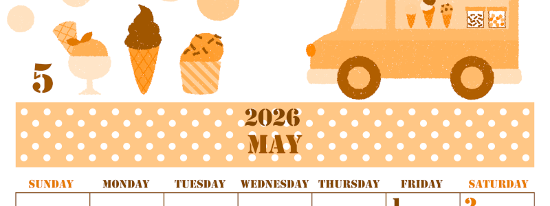 2026年5月縦型日曜始まり アイスクリームのイラストがかわいいA4無料オレンジのカレンダー(2026-01030510)