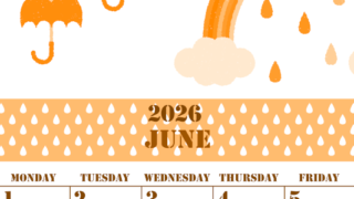 2026年6月縦型日曜始まり 虹イラストのかわいいA4無料オレンジのカレンダー(2026-01030610)