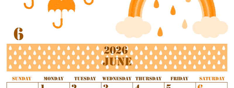 2026年6月縦型日曜始まり 虹イラストのかわいいA4無料オレンジのカレンダー(2026-01030610)