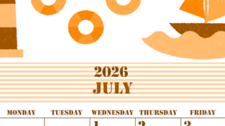 2026年7月縦型日曜始まり マリンなイラストのかわいいA4無料オレンジのカレンダー(2026-01030710)