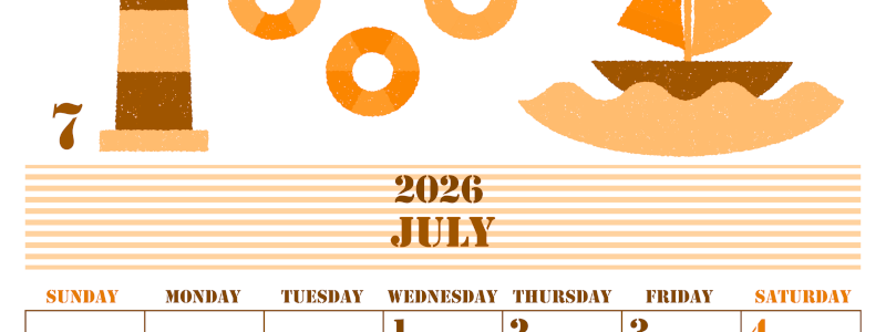 2026年7月縦型日曜始まり マリンなイラストのかわいいA4無料オレンジのカレンダー(2026-01030710)