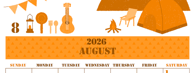 2026年8月縦型日曜始まり 夏休みイラストのかわいいA4無料オレンジのカレンダー(2026-01030810)