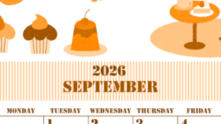 2026年9月縦型日曜始まり 食欲の秋イラストのかわいいA4無料オレンジのカレンダー(2026-01030910)