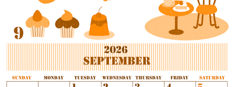 2026年9月縦型日曜始まり 食欲の秋イラストのかわいいA4無料オレンジのカレンダー(2026-01030910)