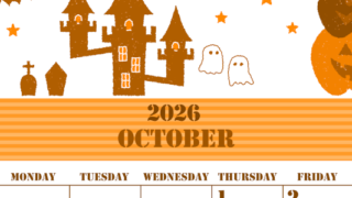2026年10月縦型日曜始まり ハロウィンイラストがかわいいA4無料オレンジのカレンダー(2026-01031010)