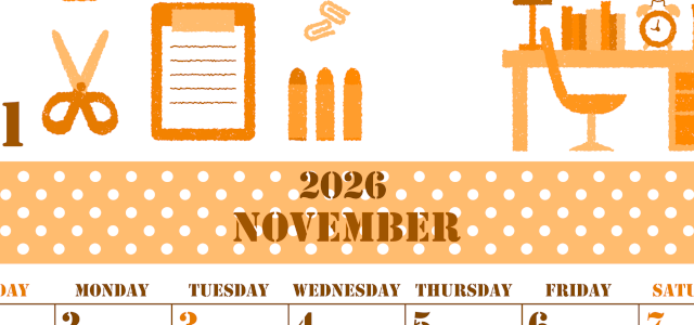 2026年11月縦型日曜始まり 文房具イラストのかわいいA4無料オレンジのカレンダー(2026-01031110)