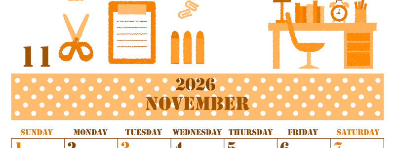 2026年11月縦型日曜始まり 文房具イラストのかわいいA4無料オレンジのカレンダー(2026-01031110)