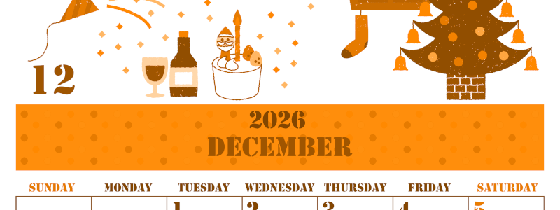 2026年12月縦型日曜始まり パーティーのイラストがかわいいA4無料オレンジのカレンダー(2026-01031210)