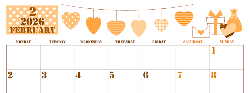 2026年2月横型月曜始まり ラブレターイラストのかわいいA4無料オレンジのカレンダー(2026-01030201)