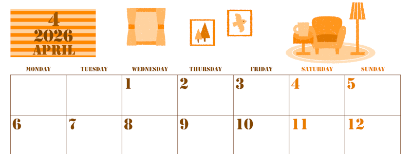 2026年4月横型月曜始まり 新生活イラストのかわいいA4無料オレンジのカレンダー(2026-01030401)