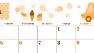 2026年5月横型月曜始まり アイスクリームのイラストがかわいいA4無料オレンジのカレンダー(2026-01030501)