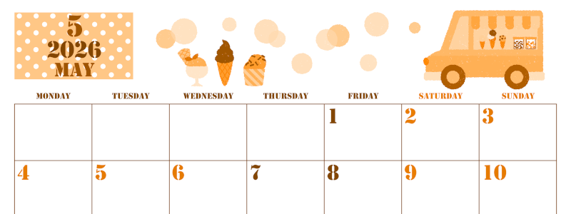 2026年5月横型月曜始まり アイスクリームのイラストがかわいいA4無料オレンジのカレンダー(2026-01030501)