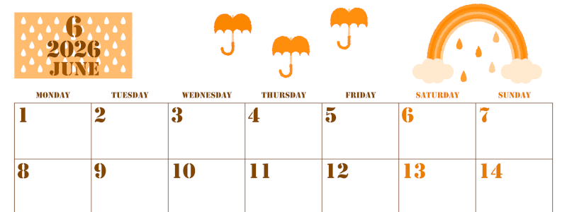 2026年6月横型月曜始まり 虹イラストのかわいいA4無料オレンジのカレンダー(2026-01030601)