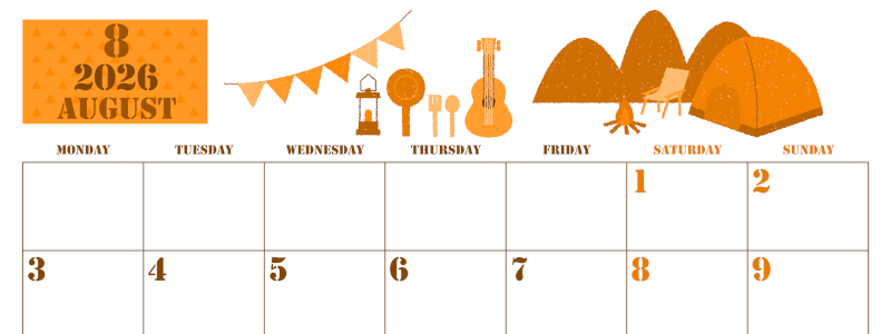 2026年8月横型月曜始まり 夏休みイラストのかわいいA4無料オレンジのカレンダー(2026-01030801)