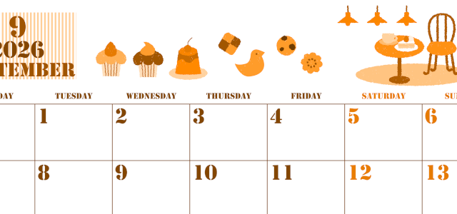 2026年9月横型月曜始まり 食欲の秋イラストのかわいいA4無料オレンジのカレンダー(2026-01030901)