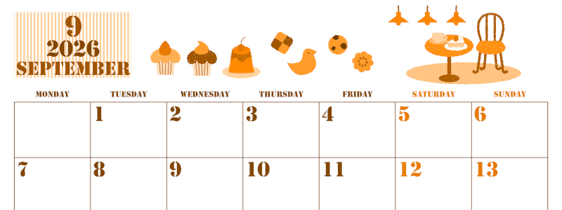 2026年9月横型月曜始まり 食欲の秋イラストのかわいいA4無料オレンジのカレンダー(2026-01030901)