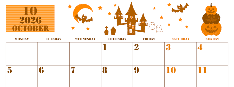 2026年10月横型月曜始まり ハロウィンイラストがかわいいA4無料オレンジのカレンダー(2026-01031001)