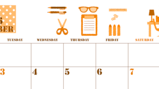 2026年11月横型月曜始まり 文房具イラストのかわいいA4無料オレンジのカレンダー(2026-01031101)