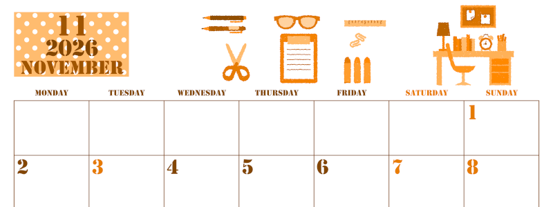 2026年11月横型月曜始まり 文房具イラストのかわいいA4無料オレンジのカレンダー(2026-01031101)