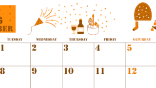 2026年12月横型月曜始まり パーティーのイラストがかわいいA4無料オレンジのカレンダー(2026-01031201)