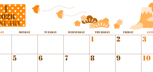 2026年1月横型日曜始まり ポップな富士山イラストのかわいいA4無料オレンジのカレンダー(2026-01030100)