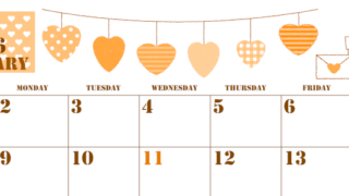 2026年2月横型日曜始まり ラブレターイラストのかわいいA4無料オレンジのカレンダー(2026-01030200)