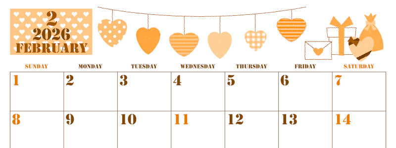 2026年2月横型日曜始まり ラブレターイラストのかわいいA4無料オレンジのカレンダー(2026-01030200)