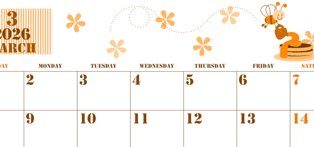 2026年3月横型日曜始まり パンケーキイラストのかわいいA4無料オレンジのカレンダー(2026-01030300)