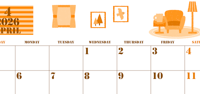 2026年4月横型日曜始まり 新生活イラストのかわいいA4無料オレンジのカレンダー(2026-01030400)