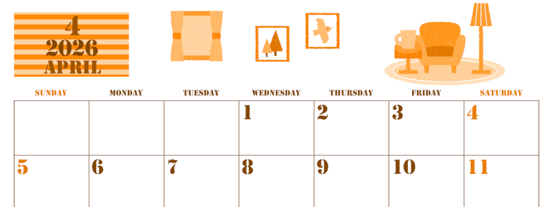 2026年4月横型日曜始まり 新生活イラストのかわいいA4無料オレンジのカレンダー(2026-01030400)