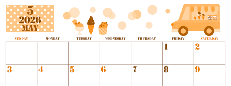 2026年5月横型日曜始まり アイスクリームのイラストがかわいいA4無料オレンジのカレンダー(2026-01030500)
