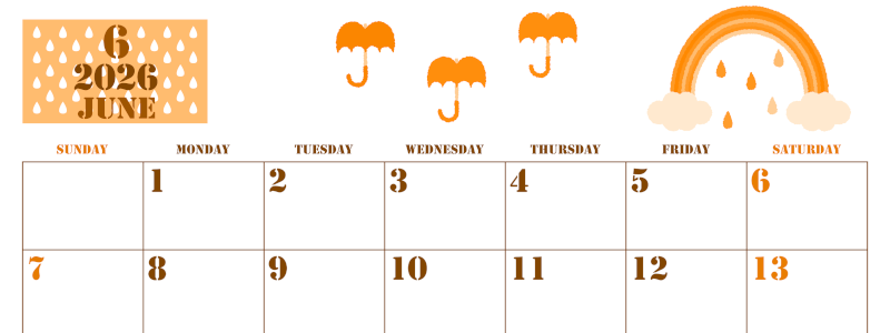 2026年6月横型日曜始まり 虹イラストのかわいいA4無料オレンジのカレンダー(2026-01030600)