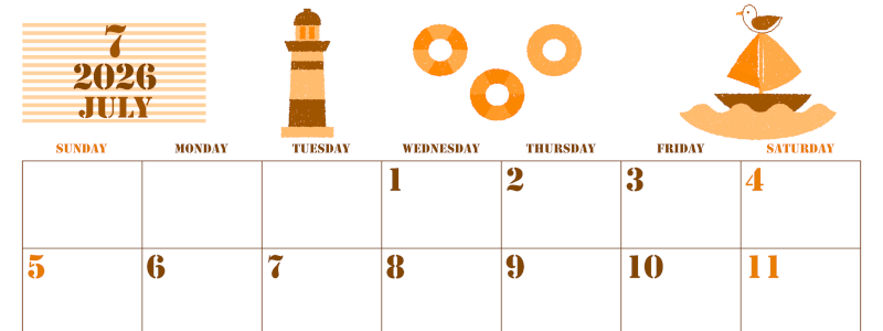 2026年7月横型日曜始まり マリンなイラストのかわいいA4無料オレンジのカレンダー(2026-01030700)
