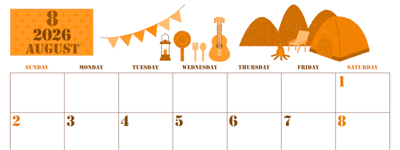 2026年8月横型日曜始まり 夏休みイラストのかわいいA4無料オレンジのカレンダー(2026-01030800)