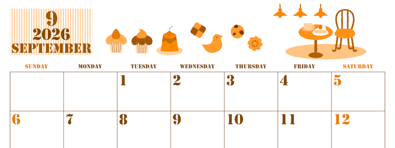 2026年9月横型日曜始まり 食欲の秋イラストのかわいいA4無料オレンジのカレンダー(2026-01030900)