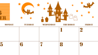 2026年10月横型日曜始まり ハロウィンイラストがかわいいA4無料オレンジのカレンダー(2026-01031000)