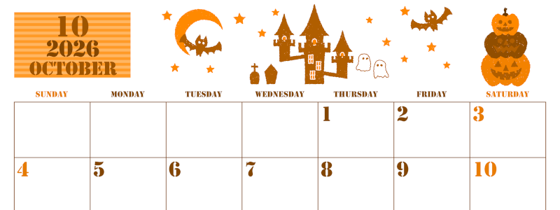 2026年10月横型日曜始まり ハロウィンイラストがかわいいA4無料オレンジのカレンダー(2026-01031000)