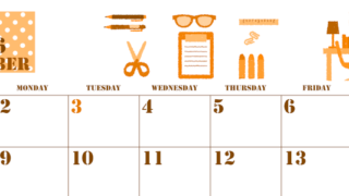 2026年11月横型日曜始まり 文房具イラストのかわいいA4無料オレンジのカレンダー(2026-01031100)