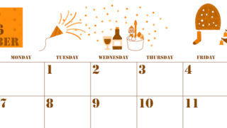 2026年12月横型日曜始まり パーティーのイラストがかわいいA4無料オレンジのカレンダー(2026-01031200)