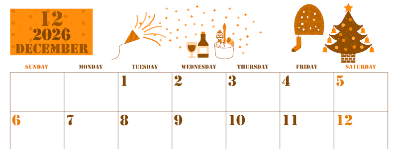 2026年12月横型日曜始まり パーティーのイラストがかわいいA4無料オレンジのカレンダー(2026-01031200)