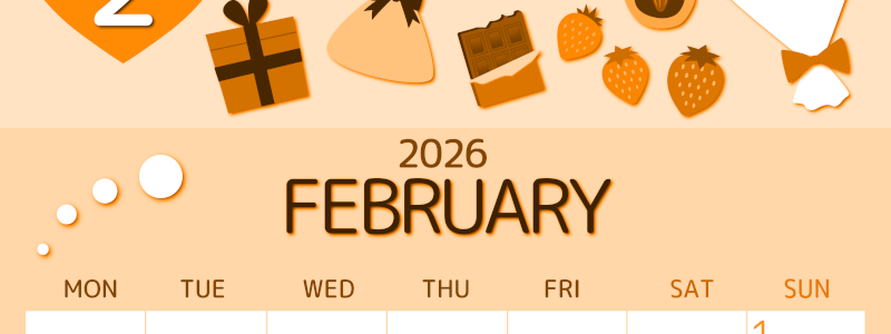 2026年2月縦型月曜始まり プレゼントがかわいいイラストA4無料オレンジのカレンダー(2026-01050211)