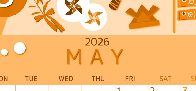 2026年5月縦型月曜始まり イベントイラストのかわいいA4無料オレンジのカレンダー(2026-01050511)