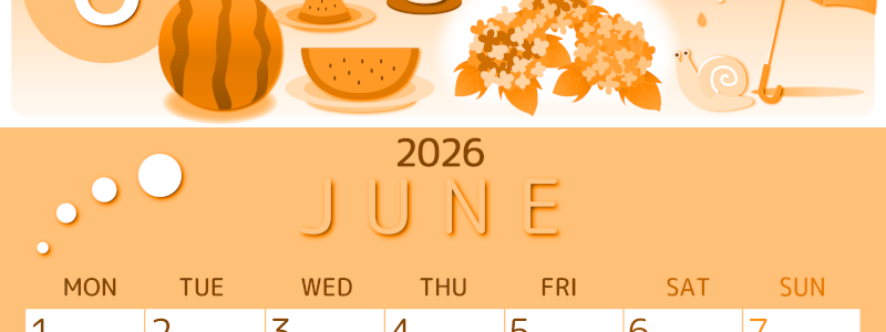 2026年6月縦型月曜始まり すいかイラストのかわいいA4無料オレンジのカレンダー(2026-01050611)