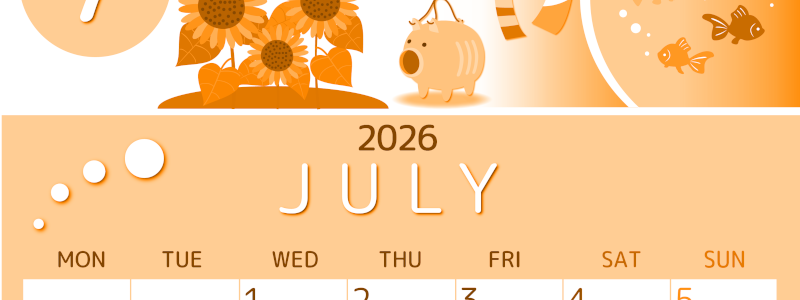 2026年7月縦型月曜始まり 蚊取り線香イラストのかわいいA4無料オレンジのカレンダー(2026-01050711)