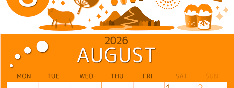 2026年8月縦型月曜始まり 夏祭りイラストのかわいいA4無料オレンジのカレンダー(2026-01050811)