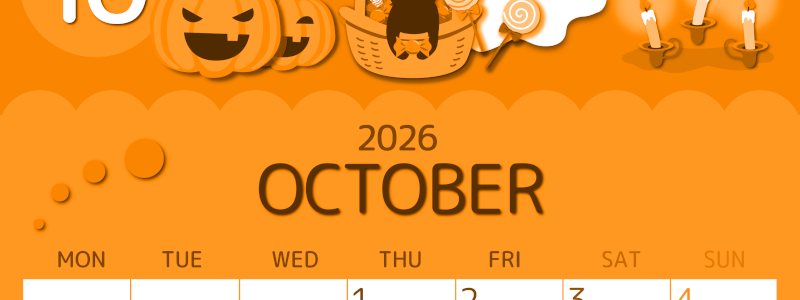 2026年10月縦型月曜始まり 行事イラストのかわいいA4無料オレンジのカレンダー(2026-01051011)